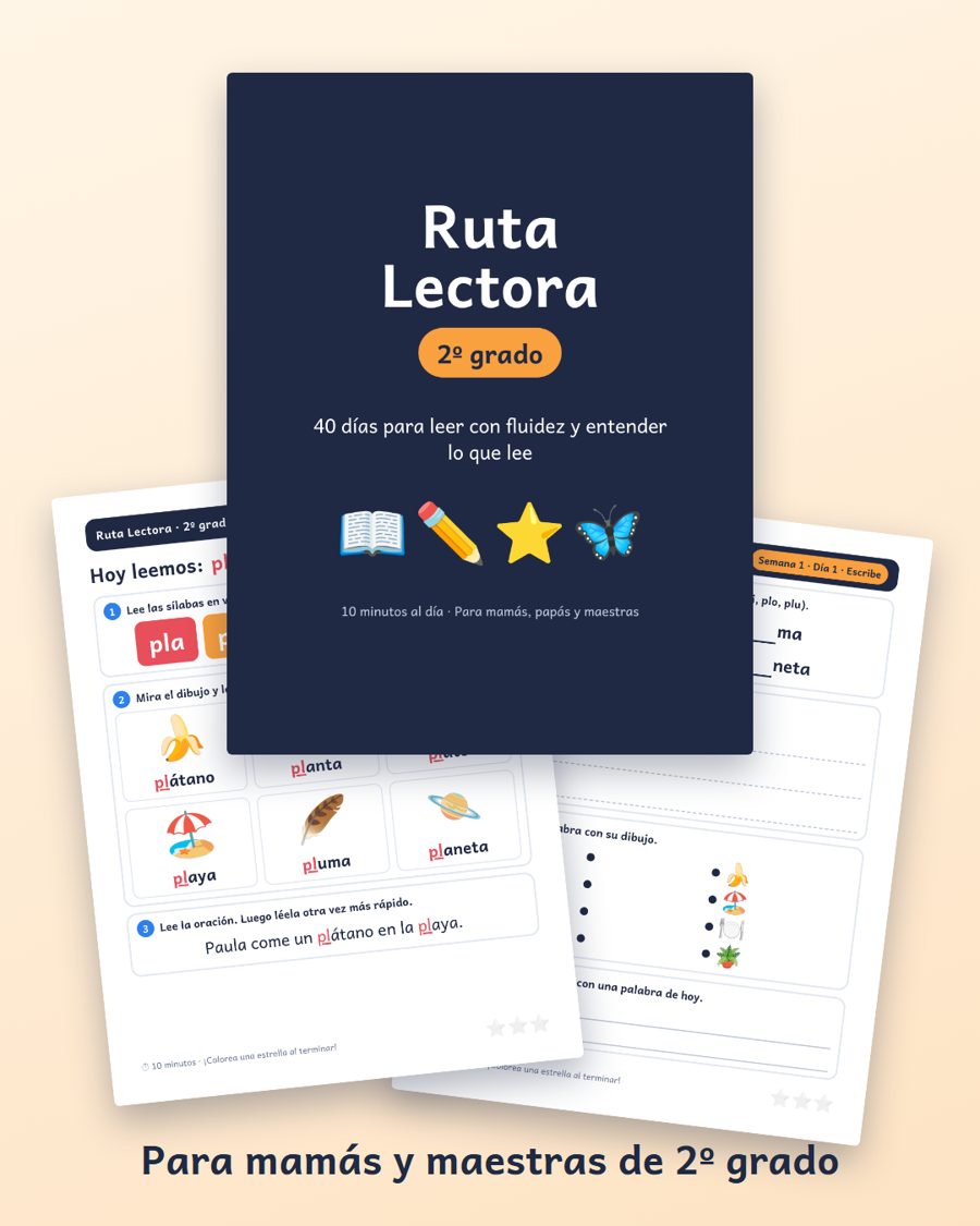 Cuaderno Ruta Lectora 2º grado junto a sus hojas de sílabas con dibujos