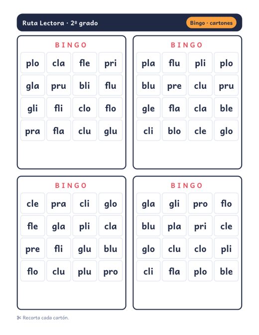 Cartones de bingo de sílabas para recortar