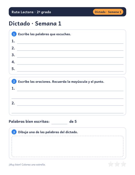 Hoja de dictado semanal con líneas para escribir
