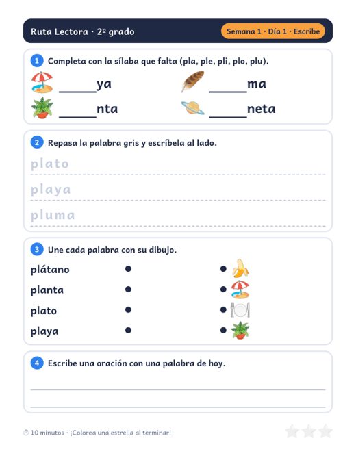 Hoja Escribe del día 1: completar la sílaba, repasar palabras y unir cada palabra con su dibujo